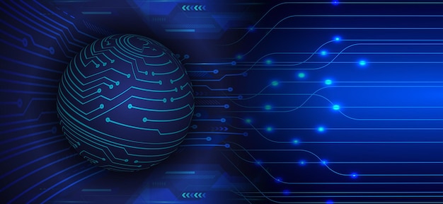 A blue and black background with a globe and a circuit board.