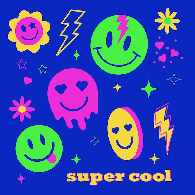 a blue background with a bunch of smileys and a smiley face with the word super cool on it.