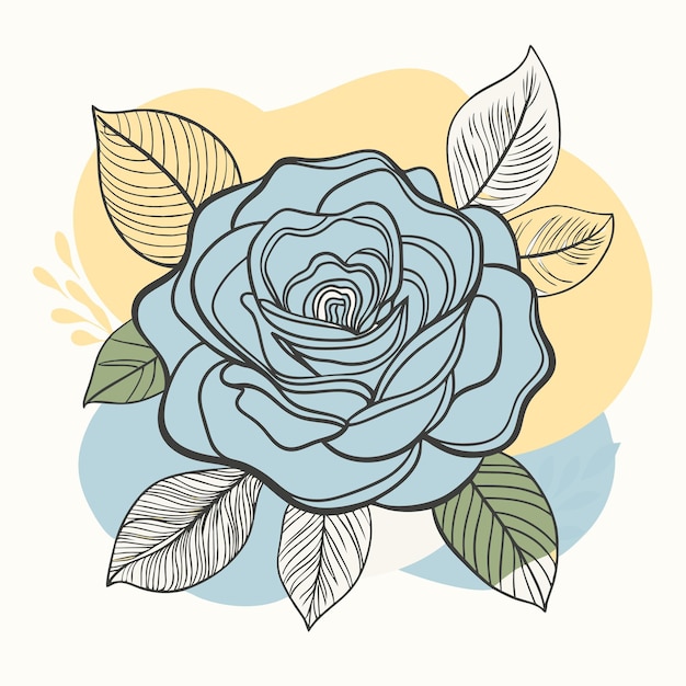 a blue rose with leaves and a yellow background