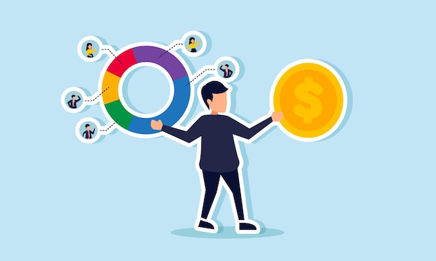 A businessman holds a dollar coin in one hand and a circle chart labeled with people in the other illustration of managing stock asset dividend distribution
