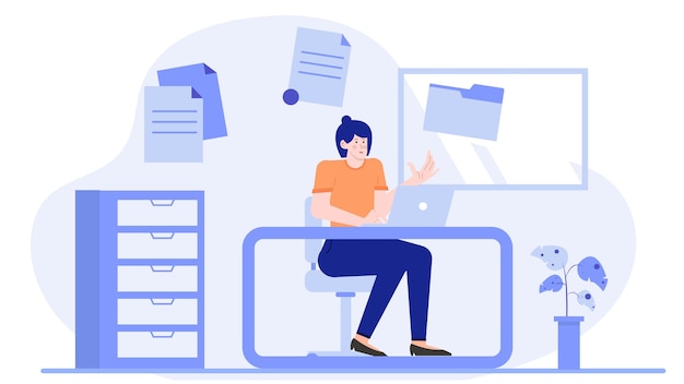 A businesswoman is managing documents and files at the office