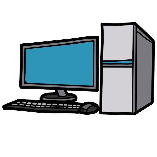 a cartoon computer with a keyboard and monitor on a white background