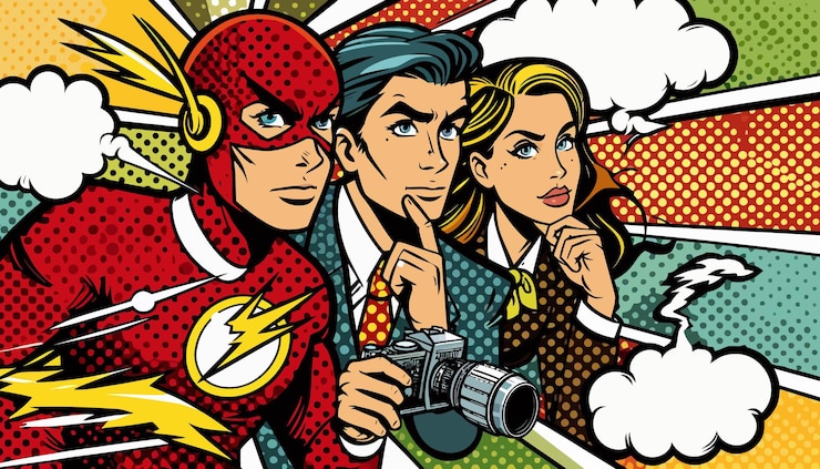 Vektor a cartoon of a man and a woman with a flash and a man in a red and white suit