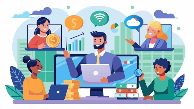 a cartoon of a man with a laptop and some people