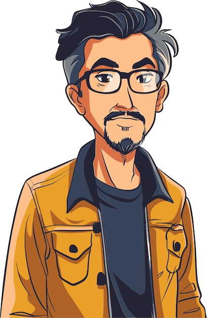 a cartoon of a man with glasses and a yellow jacket