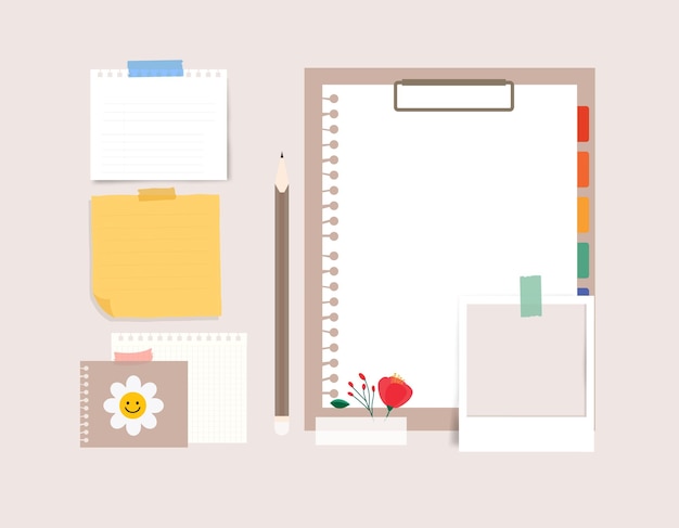 a clipboard with a pencil, a flower, a notepad, a notepad, a flower, and a pencil.