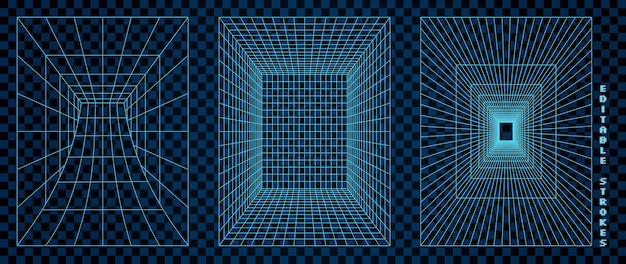 a collection of 3d wireframe tunnel designs at checkered grid background the abstract geometric