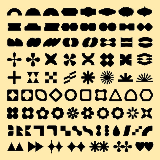 A collection of abstract geometric shapes in black on a beige background Various shapes include circles triangles and squares Abstract shapes geometric forms Black shapes vector element set