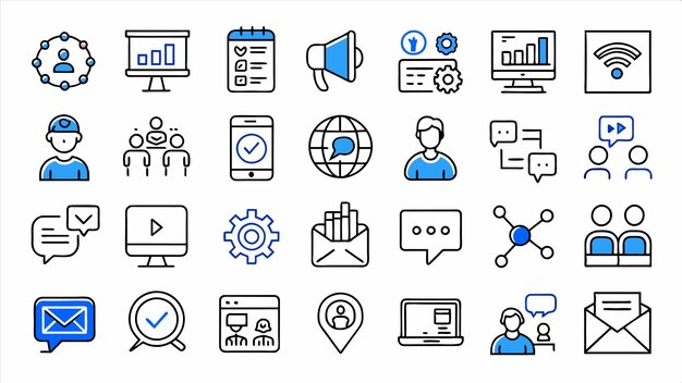 a collection of business icons including a computer screen a blue and black one that says financial services