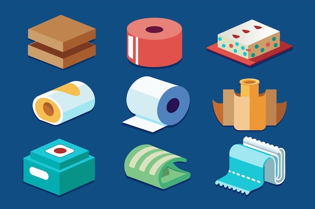 a collection of different colored boxes and a box with a roll of tape