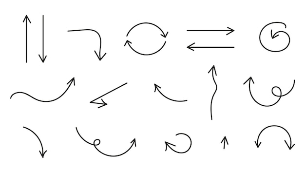 A collection of handdrawn straight and curved arrows Drawing with a brush Minimalistic set