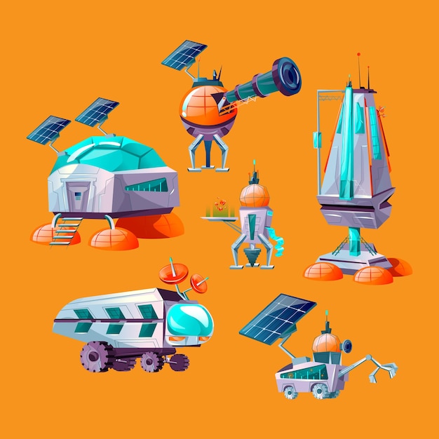 a collection of lego toys including a robot and a solar powered vehicle