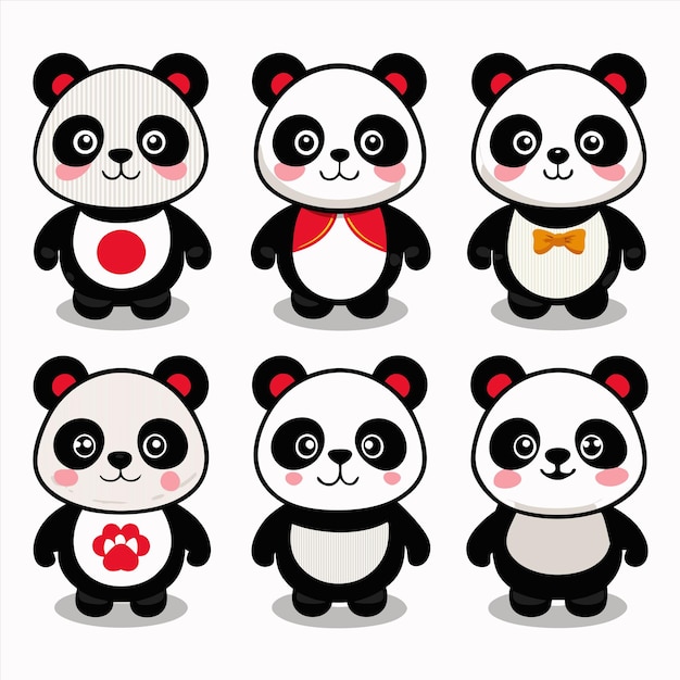 a collection of pandas including one with a bow tie and the other with a bow tie