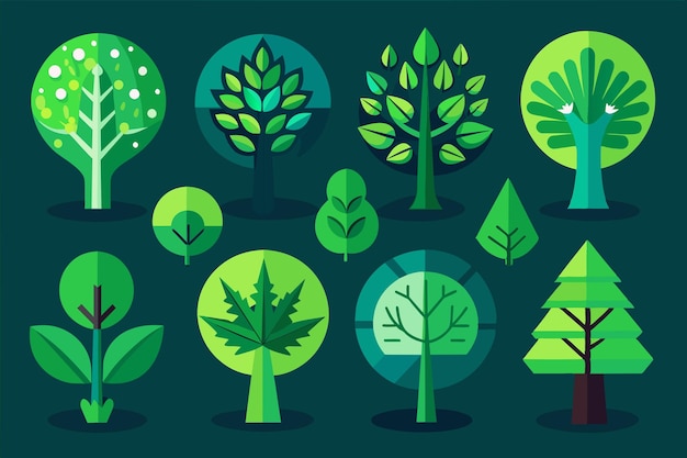 a collection of trees with green leaves and blue background