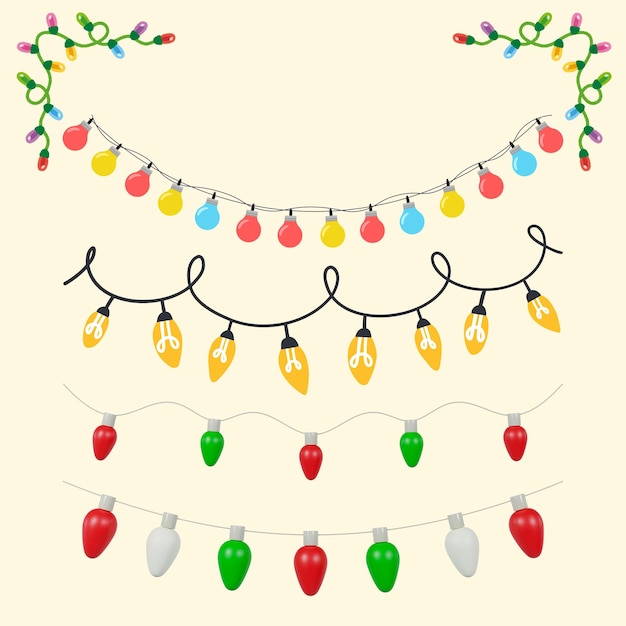 A collection set of colorful decorative lights in various shapes on a light yellow background