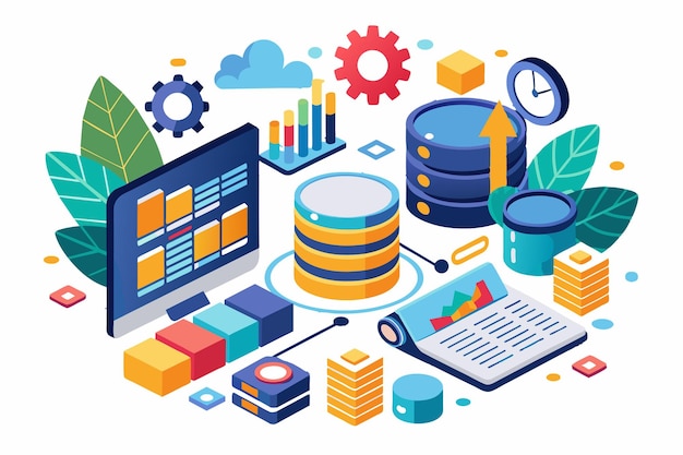 a colorful arrangement of data analysis tools databases graphs and charts emphasizes efficient database management and data visualization techniques
