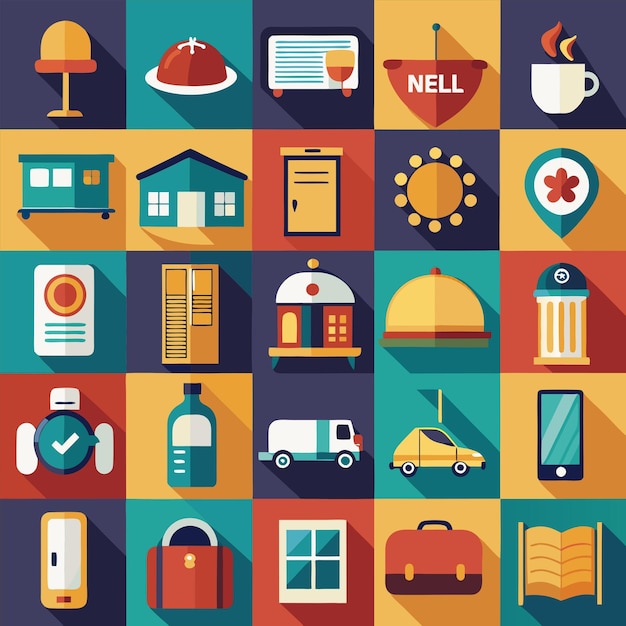 a colorful collection of icons including a house with a red and orange background