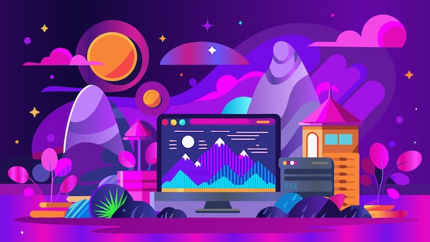 a colorful illustration of a computer with a colorful background with a place for text and a colorful background