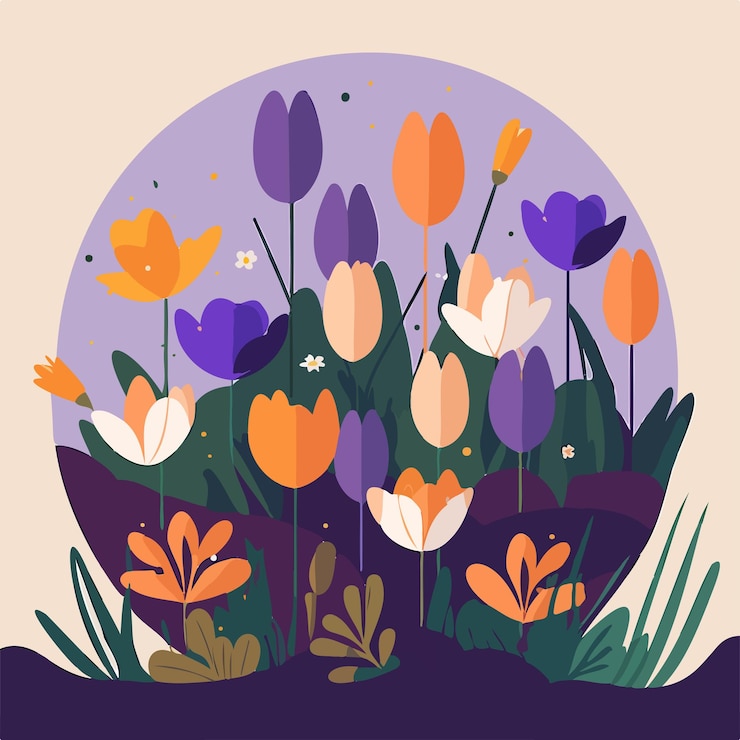 Vektor a colorful illustration of tulips in a circle with the word tulips on it.