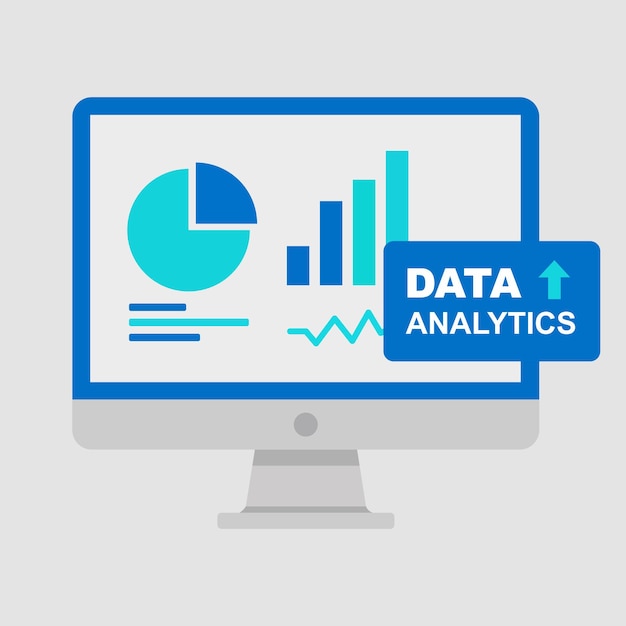 A computer monitor displaying data charts and graphs representing data analytics and business intelligence