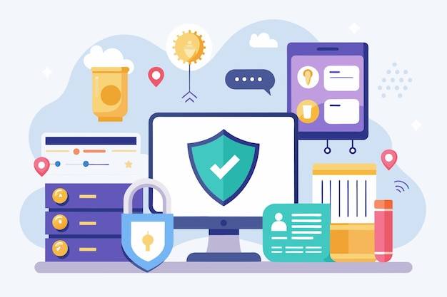 A computer protected by a padlock and a shield on top symbolizing data security Data protection Simple and minimalist flat Vector Illustration
