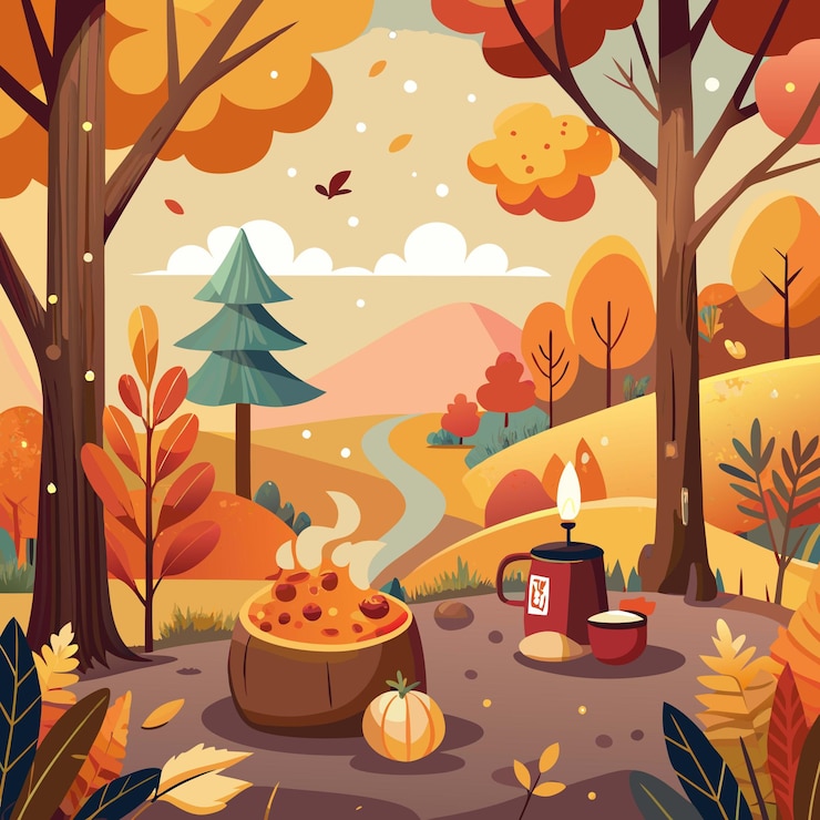 Vektor a digital illustration of a forest scene with a forest scene and a pumpkin and a candle