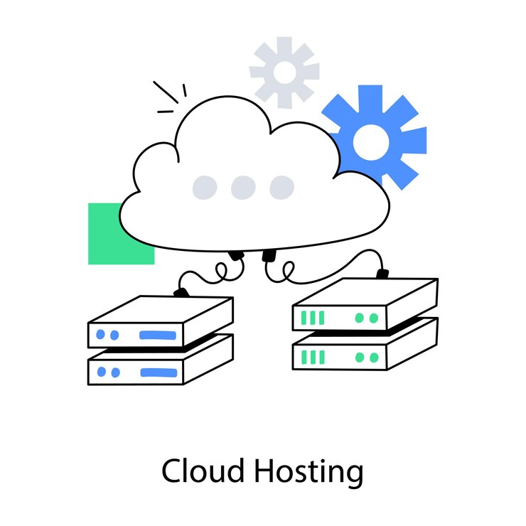 Vektor a drawing of a cloud hosting server with the words cloud hosting on it.