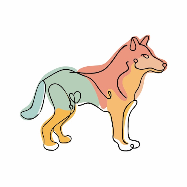 a drawing of a dog with a pink and green tail