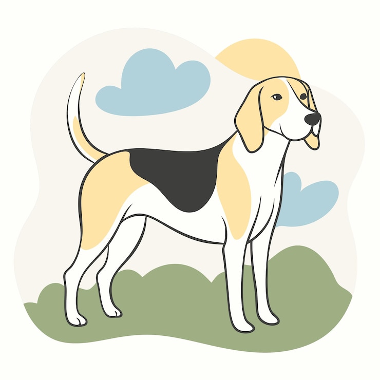 Vektor a drawing of a dog with clouds and a blue sky