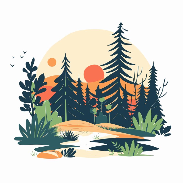 Vektor a drawing of a forest with trees and a sun in the background