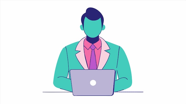 a drawing of a man with a pink and green jacket on and a pink laptop