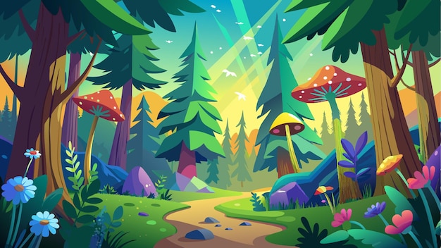 a forest with mushrooms and mushrooms on the wall