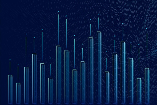 A futuristic data visualization with glowing blue bars representing growth and progress