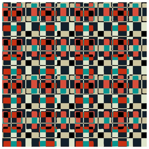 a geometric pattern overlapping rectangles in red turquoise and black against dark background