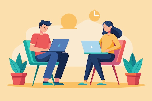 a man and woman sitting in chairs working on laptops two people sitting on chairs with laptops simple and minimalist flat vector illustration