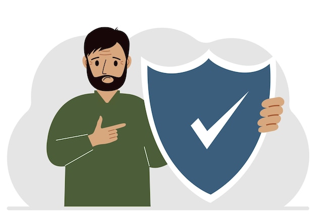 A man holds a shield in his hand a symbol of insurance Vector flat illustration