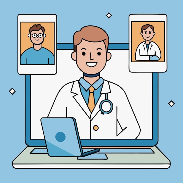 a man in a lab coat is looking at a computer screen with pictures of men and women
