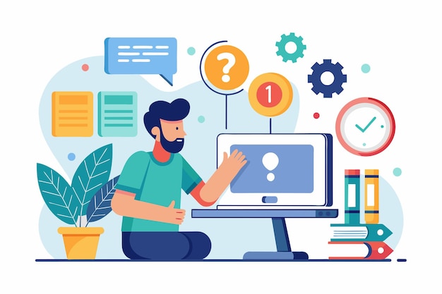 a man sitting in front of a computer screen looking for solutions to errors a man looking for solutions to computer errors simple and minimalist flat vector illustration