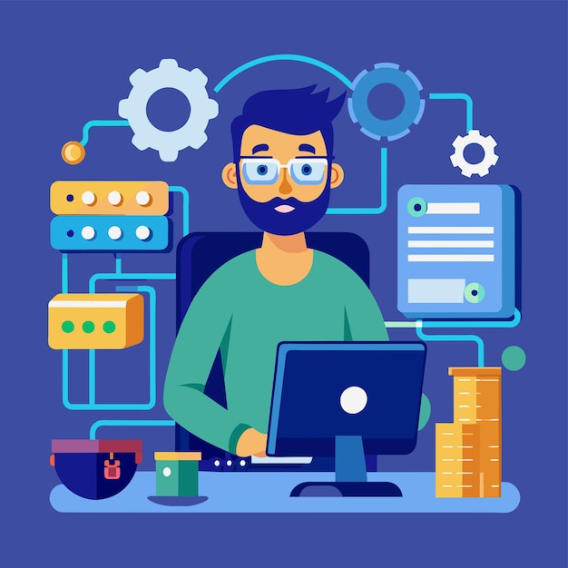 A man sitting in front of a computer typing and working on the desk technical support that works on repairing computer hardware and software Simple and minimalist flat Vector Illustration
