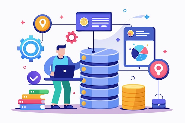 a man standing in front of a stack of data in a simple and minimalistic setting database management research simple and minimalist flat vector illustration