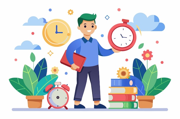 A man stands holding a clock next to a pile of books in a study or library setting The concept of character and time management Simple and minimalist flat Vector Illustration