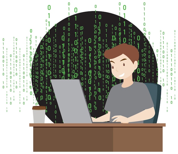 a man using laptop with binary code