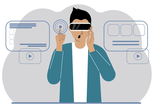 A man wearing a virtual reality headset studies works plays and works