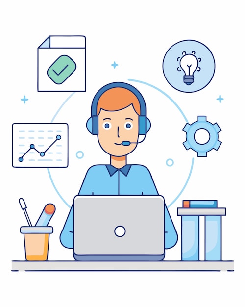 a man with headphones and a laptop with icons on the top