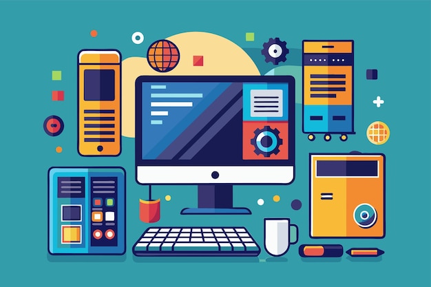 A modern desktop computer placed on top of a desk in a room Modern desktop computer Customizable Disproportionate Illustration