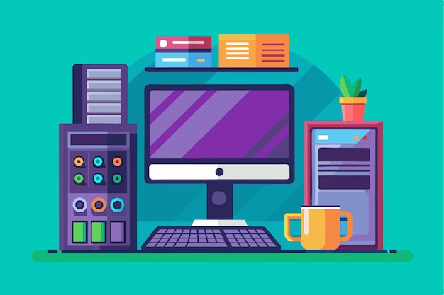 A modern desktop computer setup features custom components a keyboard and colorful storage items Modern desktop computer Customizable Flat Illustration