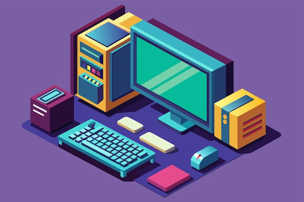 A modern desktop computer setup featuring a keyboard mouse and monitor Modern desktop computer Customizable Isometric Illustration