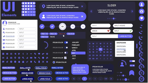 A modern UI kit featuring a collection of buttons icons navigation menus and responsive design elements Includes login forms media players search bars and calendars ideal for apps websites