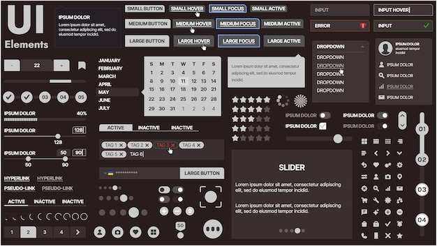 a modern ui kit featuring a collection of buttons icons navigation menus and responsive design elements includes login forms media players search bars and calendars ideal for apps websites