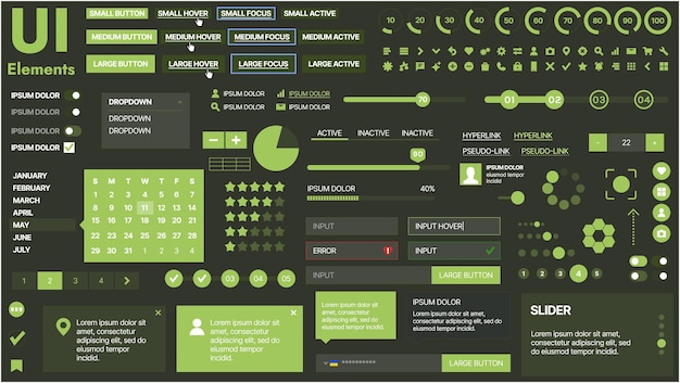 A modern UI kit featuring a collection of buttons icons navigation menus and responsive design elements Includes login forms media players search bars and calendars ideal for apps websites